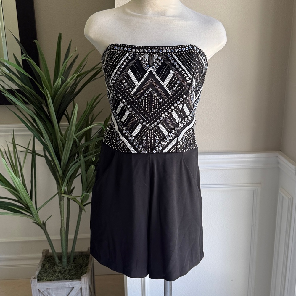 Parker Granite Beaded Sequin Cocktail Party Romper Back-Smocked Pocket Black